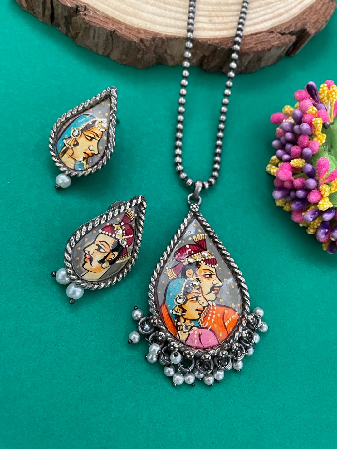 image for Hand-Painted Radha Krishna Necklace Set with Pearls