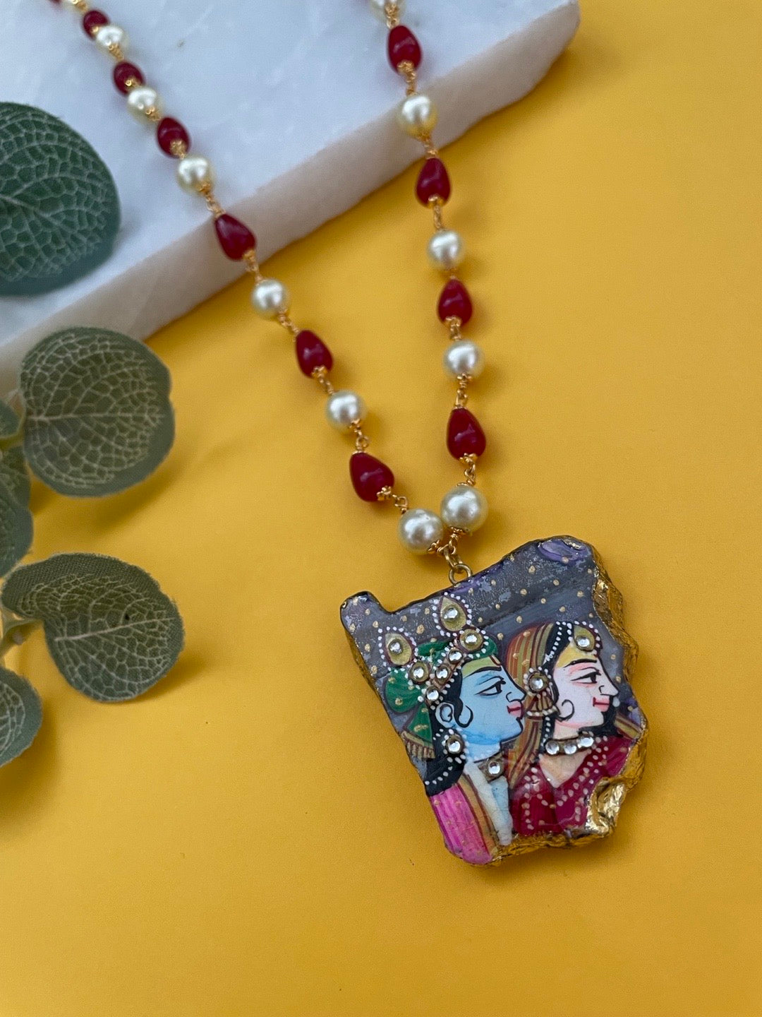 image for Beautiful Hand-Painted Radha Krishna Pendant Necklace with Red Beads & White Pearls