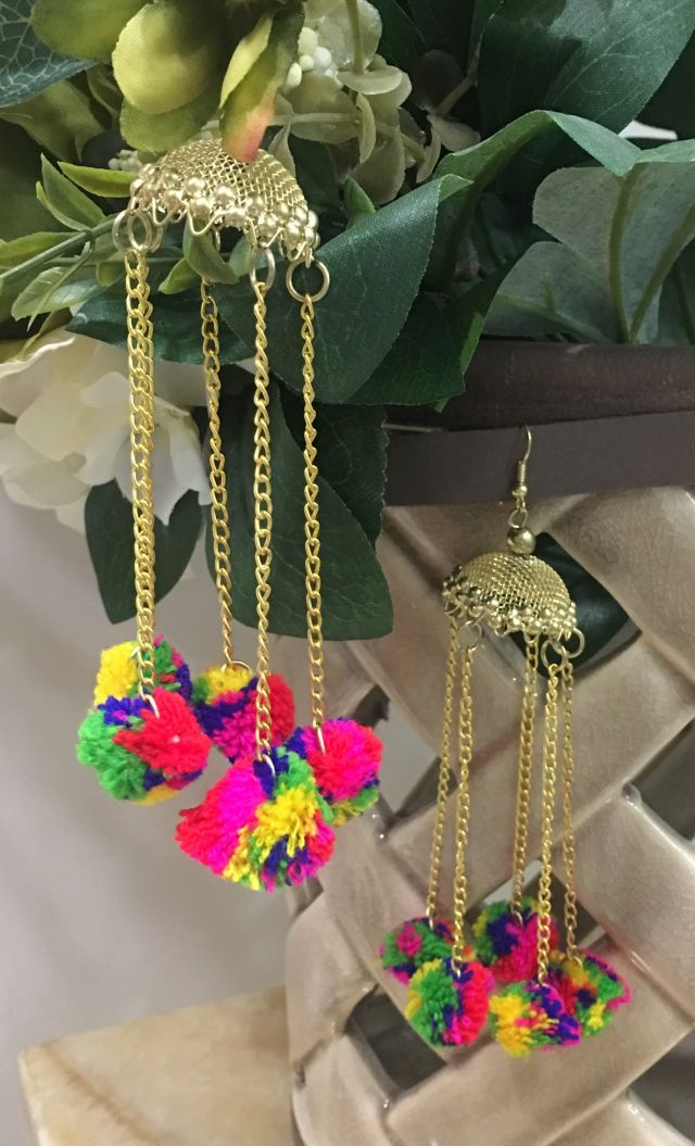 image for Women Costume/Fashion Jewellery Light Weight Long Jhumki Earrings Gold Chains Multicolor Pompoms