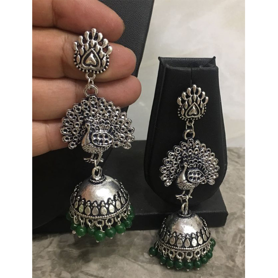 image for Women Costume/Fashion Jewellery Light Weight Long Jhumki Silver Earrings Peacock Dangling Beads