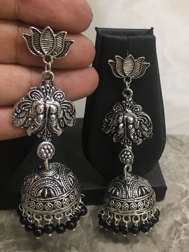 image for Women costume/Fashion Jewellery Light Weight Hand Carved Long Jhumki Earrings With Dangling Beads