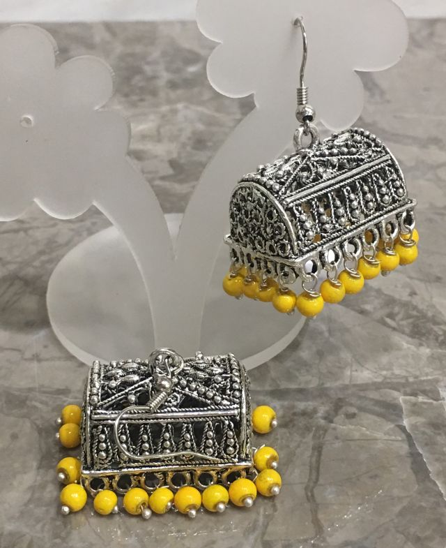 image for Women Costume/Fashion Jewellery Hand Carved White Oxidised Rectangle Jhumki Earrings With Dangling Beads