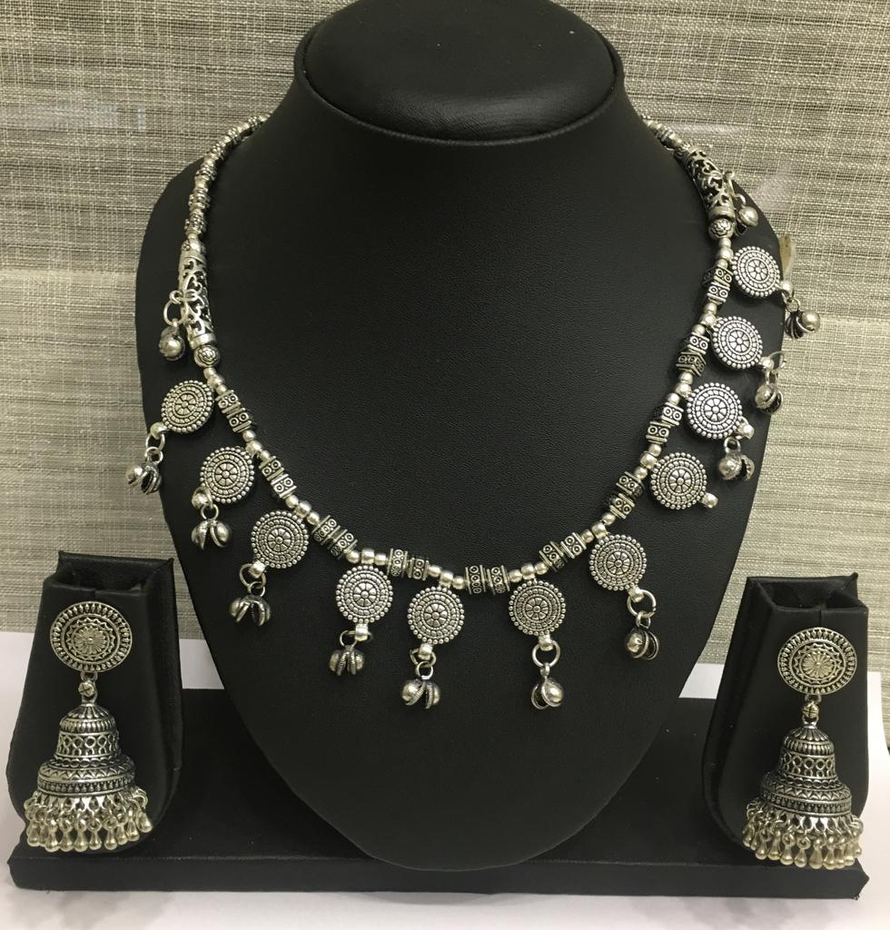 image for Antique Silver Plated Dancing Beads with Ghungroo Necklace Set with Jhumki