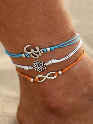 image for (Set of 3) Oxidized Silver Plated Om Lotus Flowers & Infinite Multi-Colour Thread Hand Made Adjustable Size Anklets for Girls & women