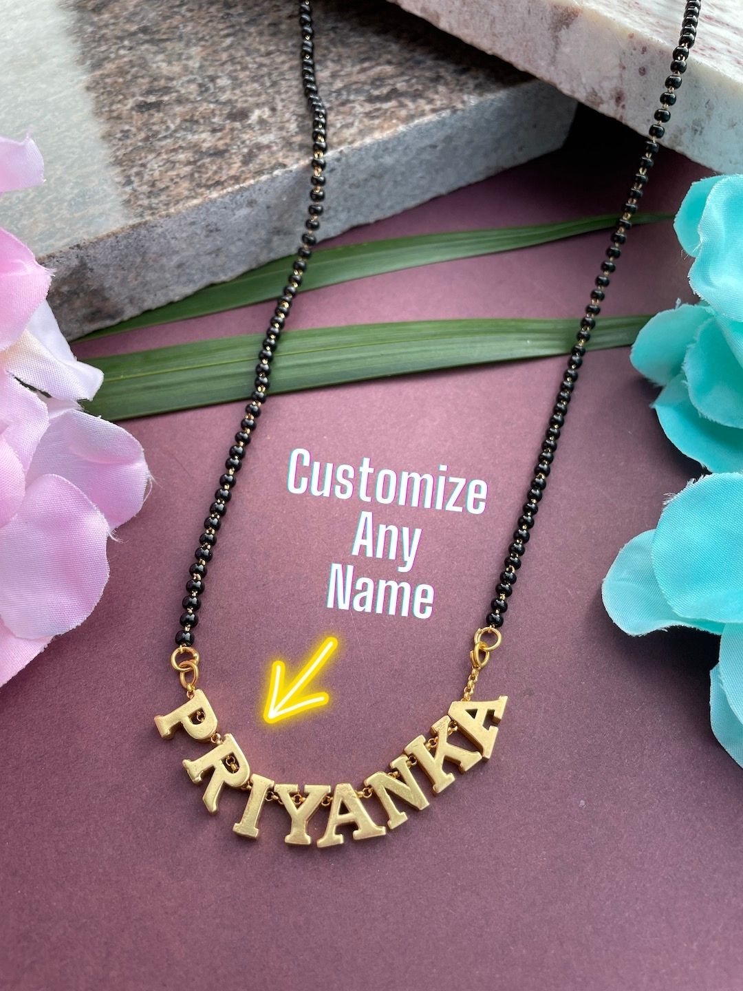 image for Gold Name Mangalsutra With Traditional Black Beads Chain | Short Mangalsutra