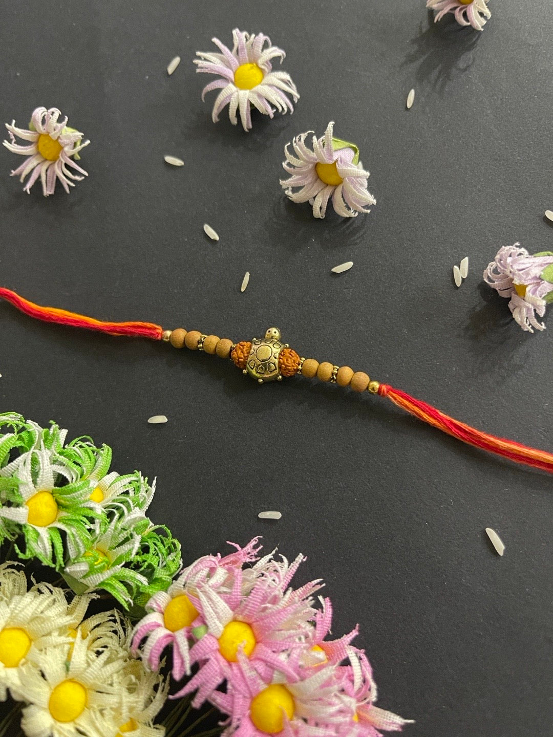 image for Designer Chandan Rakhi With Tortoise Charm And Rudraksha Beads Thread Rakhi For Raksha Bandhan