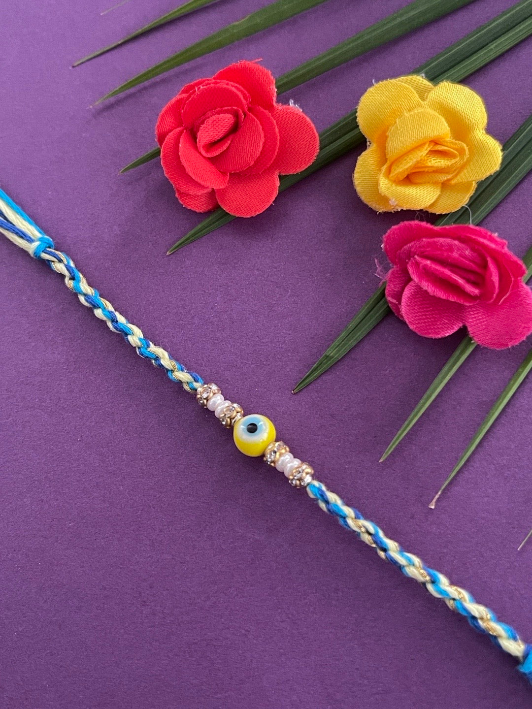 image for Beautiful Designer Rakhi Yellow Evil Eye Charm With Moti Multicolor Rakhi Pooja Mauli For Raksha Bandhan