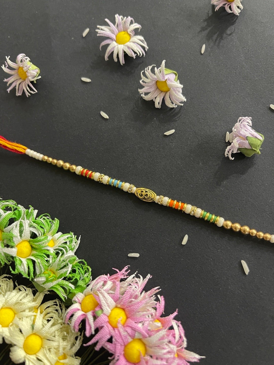 image for Unique Beautiful Designer Om Rakhi With Multicolor Beads Mauli Thread Rakhi For Brother