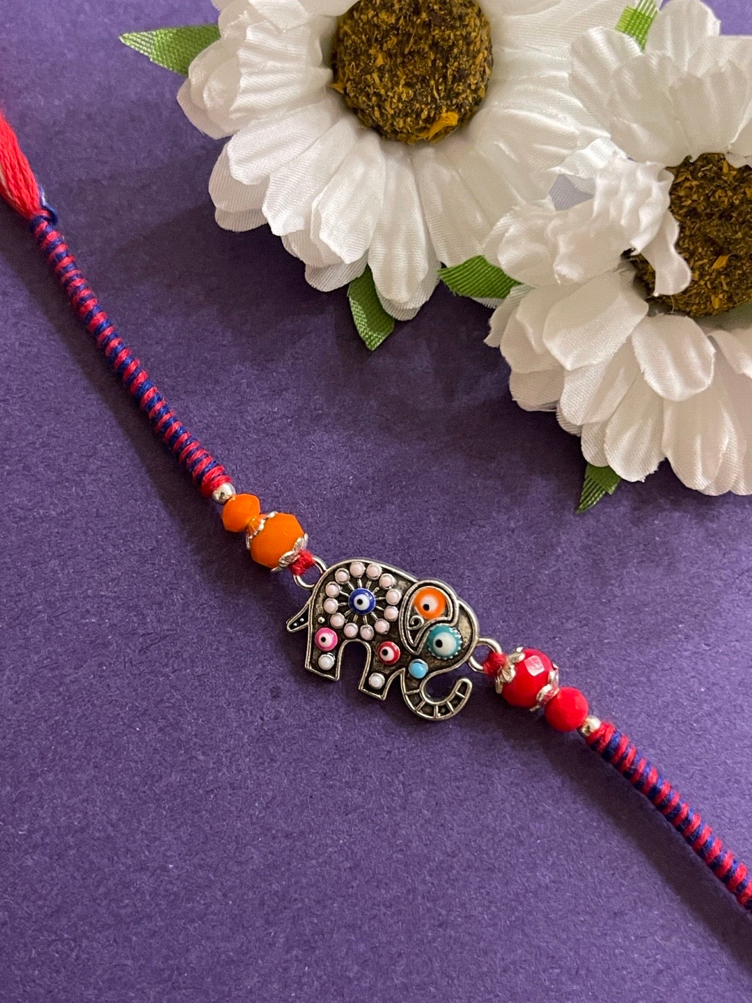 image for Unique Designer Rakhi Elephant Evil Eye Charm With Crystal Beads Thread Rakhi For Raksha Bandhan