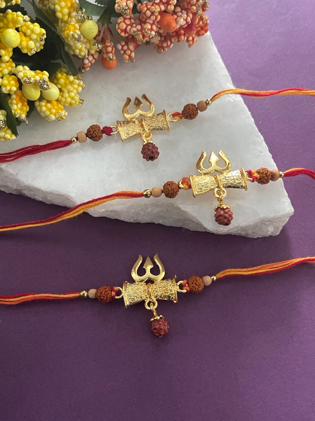 image for (Combo of 3) Unique Rudraksha Rakhi Trishul With Chandan Beads Mauli Thread Rakhi For Raksha Bandhan