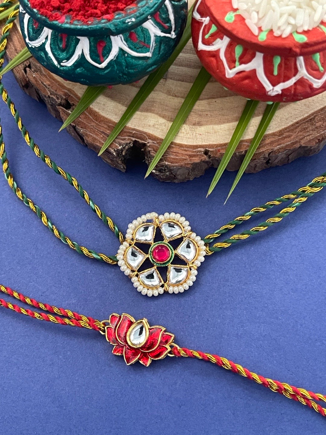 image for (Combo of 2) Designer Rakhi Red Lotus & Kundan Flower Rakhi With Red/Green/Golden Thread Rakhi