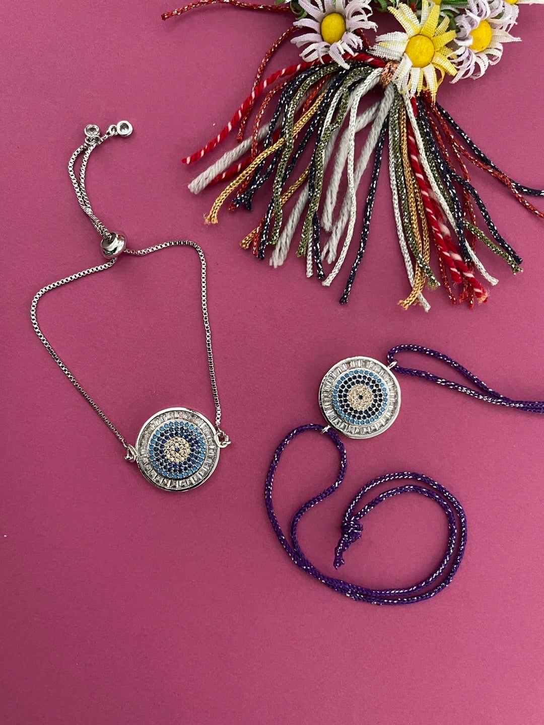 image for (Rakhi Set of 2) Fancy Silver Plated Round Evil Eye Thread Rakhi & Bracelet For Raksha Bandhan