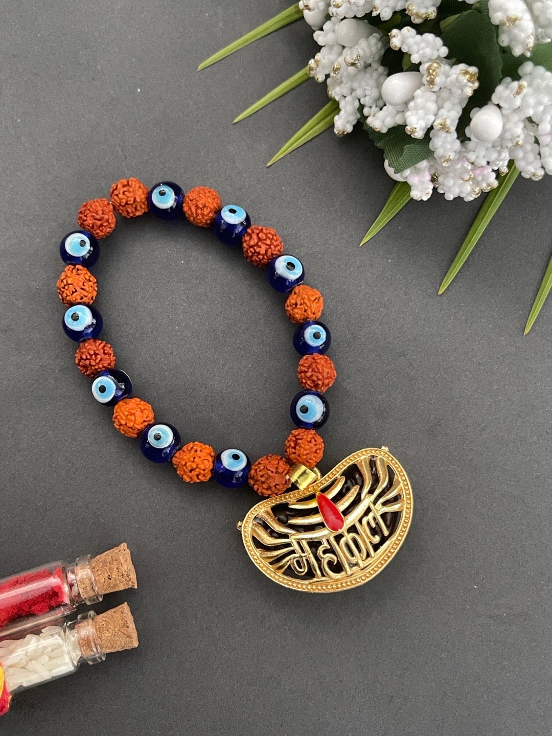 image for Unique Bracelet With MAHAKAL Pendant Rudraksha & Evil Eye Bracelet