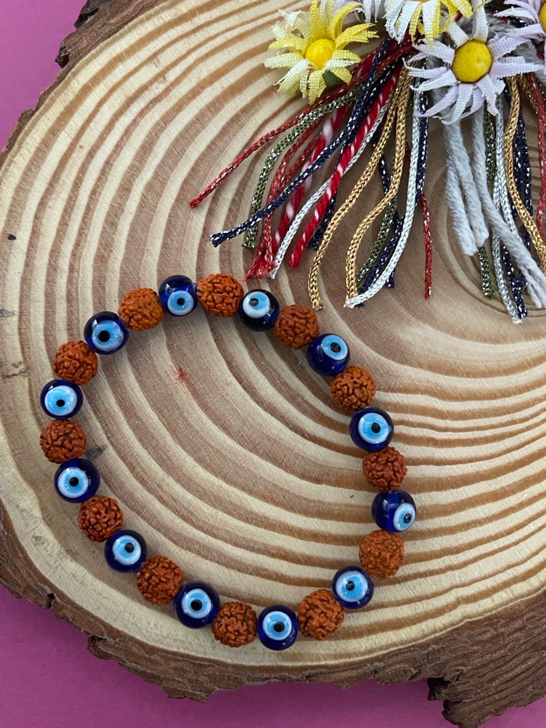 image for Simple Designer Bracelet Beaded With Rudraksha & Evil Eye Charms