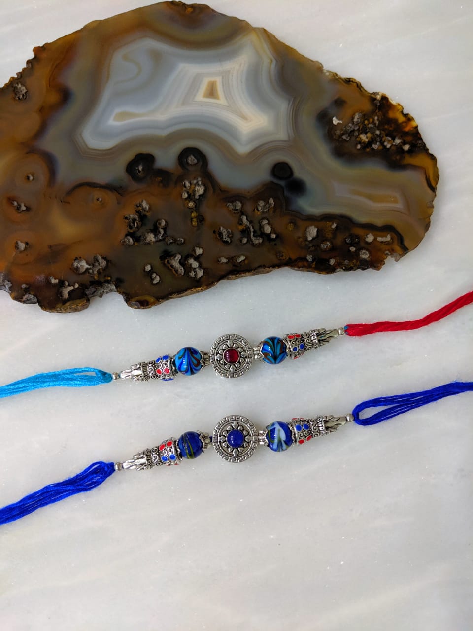 image for (Set of 2) Tibetan Silver Plated Multicolor Gemstone Thread Rakhi For Men