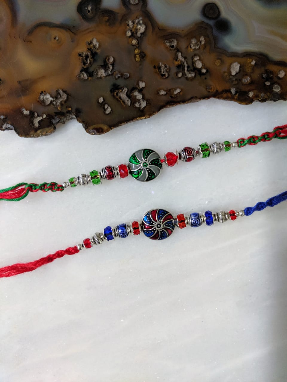 image for (Set of 2) Tibetan Rakhi for Men Silver Plated Multicolor Gemstone Rakhi