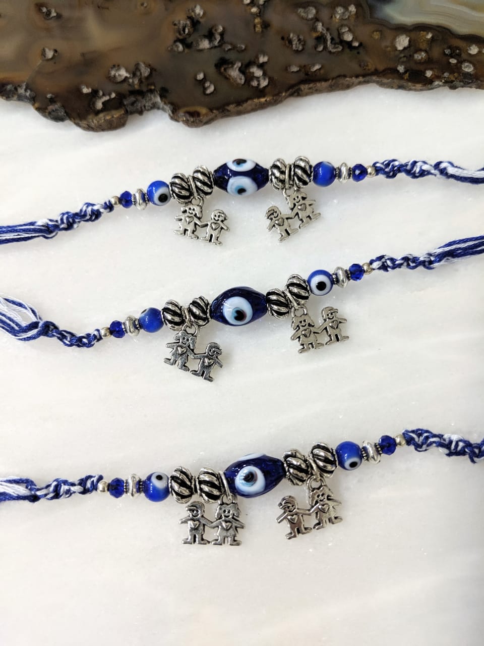 image for (Set of 3) Evil Eye Rakhi For Men Silver Beads Brother & Sister of Designer Rakhi