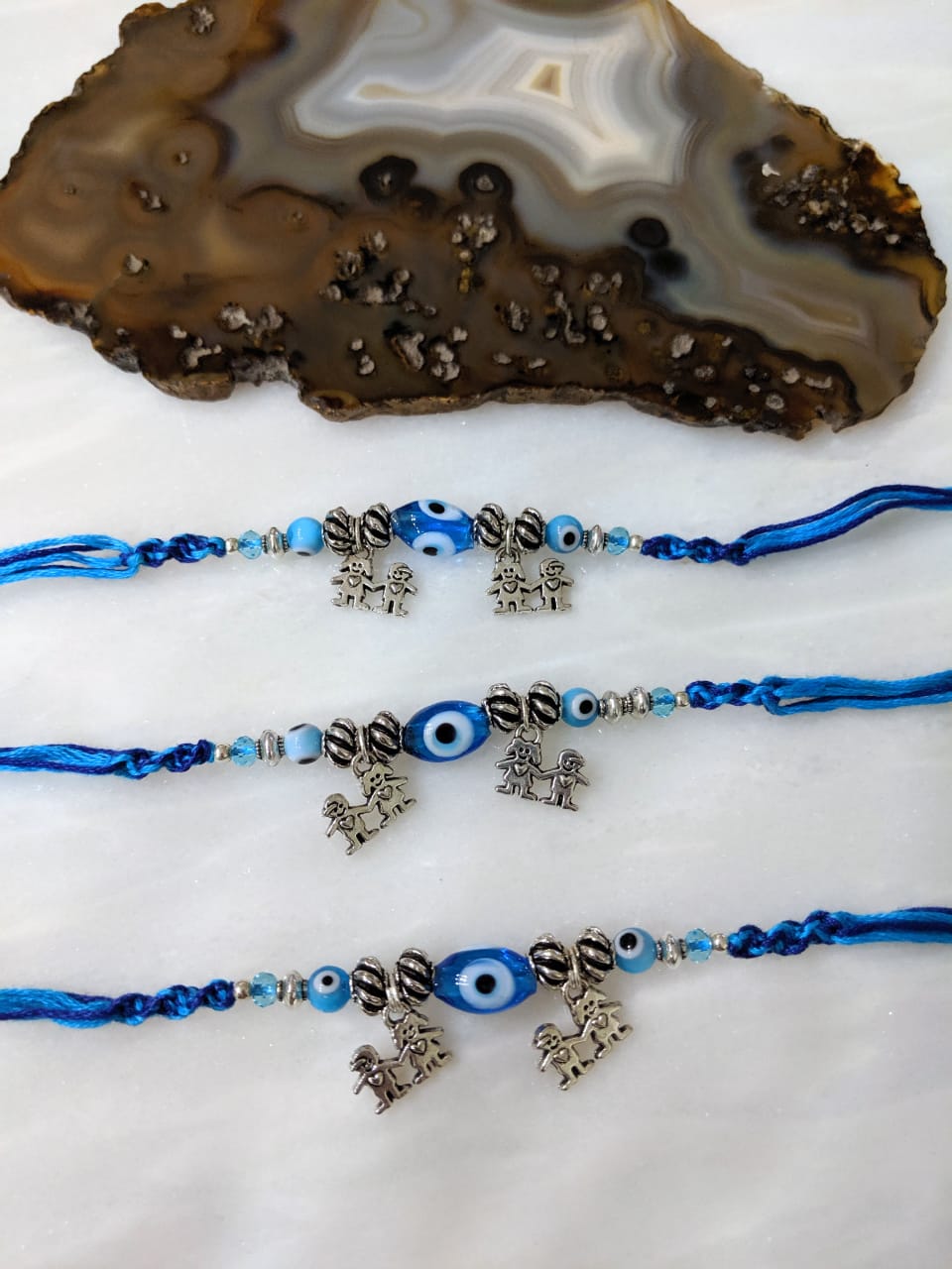 image for (Set of 3) Navy Blue Evil Eye Rakhi For Men Silver Beads Brother & Sister Pendant Rakhi