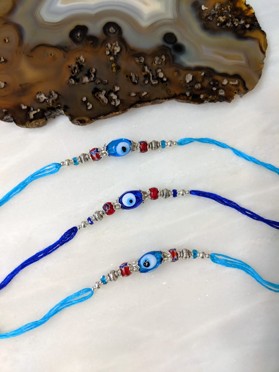 image for (Set of 3) Evil Eye Rakhi for Men Silver Navy Blue Beads Rakhi