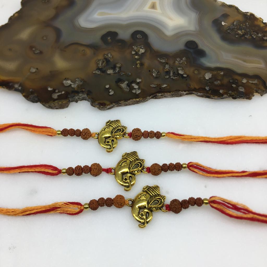 image for (Set of 3) Ganesh Ji Rakhi for Men Gold Rudraksha Beads Rakhi