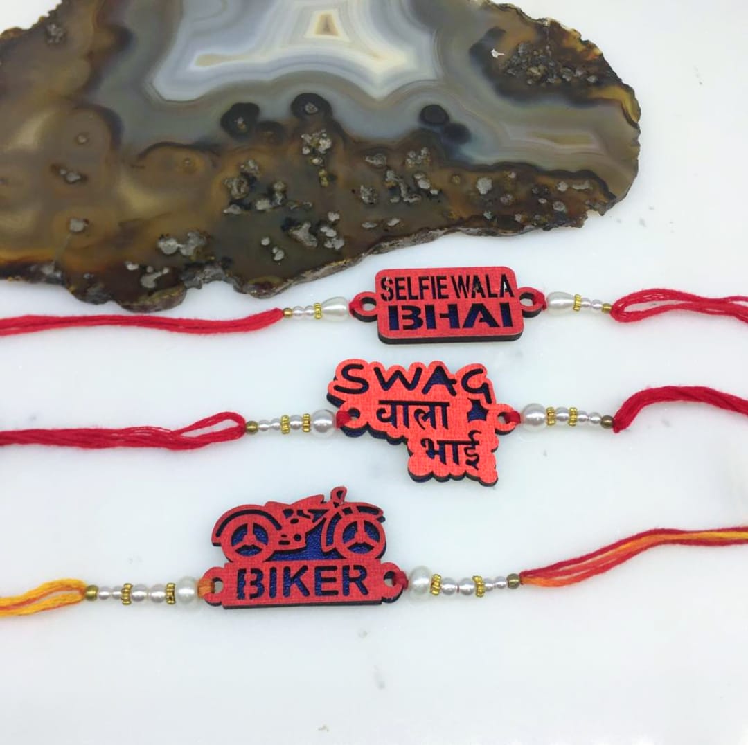 image for 3 Set of Rakhi with Swag Wala Bhai/ Biker/ Selfie Wala Bhai Slogan White Pearls Red Thread Rakhi For Men