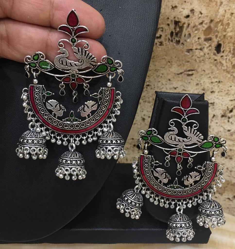 image for Designer Oxidized Silver Afghani German Stylish Dangle Drop Peacock Bells Jhumki Earring