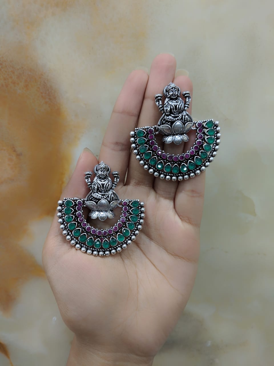 image for Jaipuri Tribal Lakshmi (Laxmi) Emerald Antique Dangle Drop Earrings