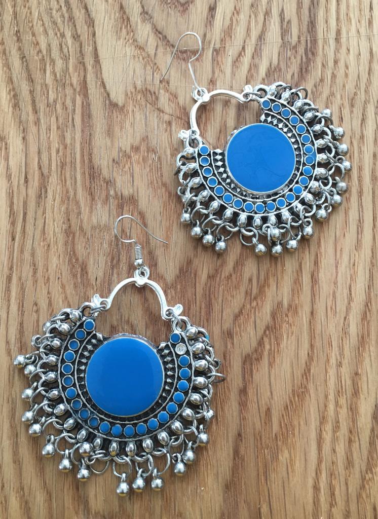 image for Navratri Earring Traditional Bohemian Antique Metal Kashmir Tribal German Oxidized Afghani Silver Chand Hook Earrings Ghungroo Blue Enamel Work Chandbali Earrings for Women and Girl