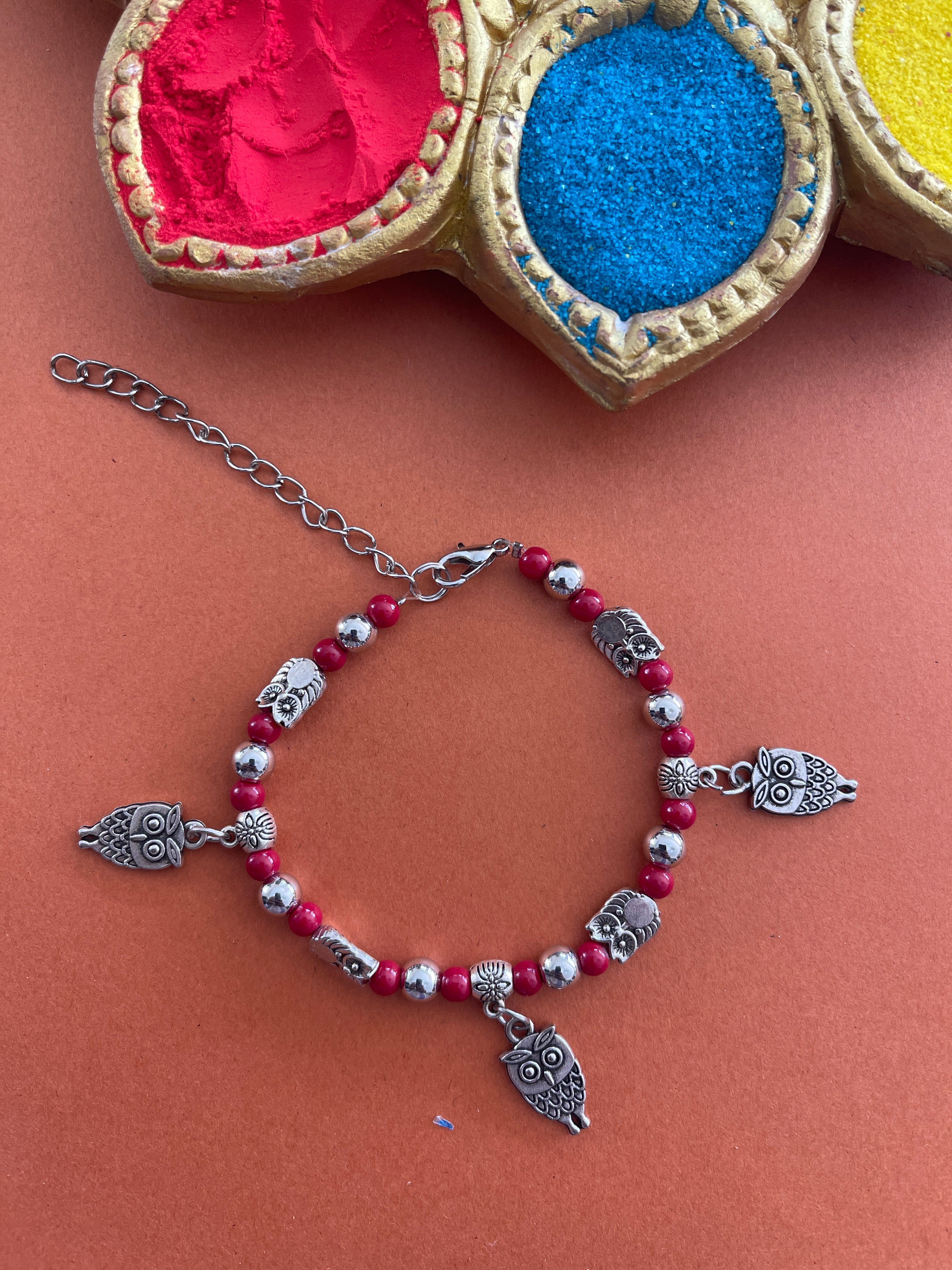 image for Silver Plated Bracelet Designs Owl Engraved Pendant With Silver & Red Beads Adjustable Wristband