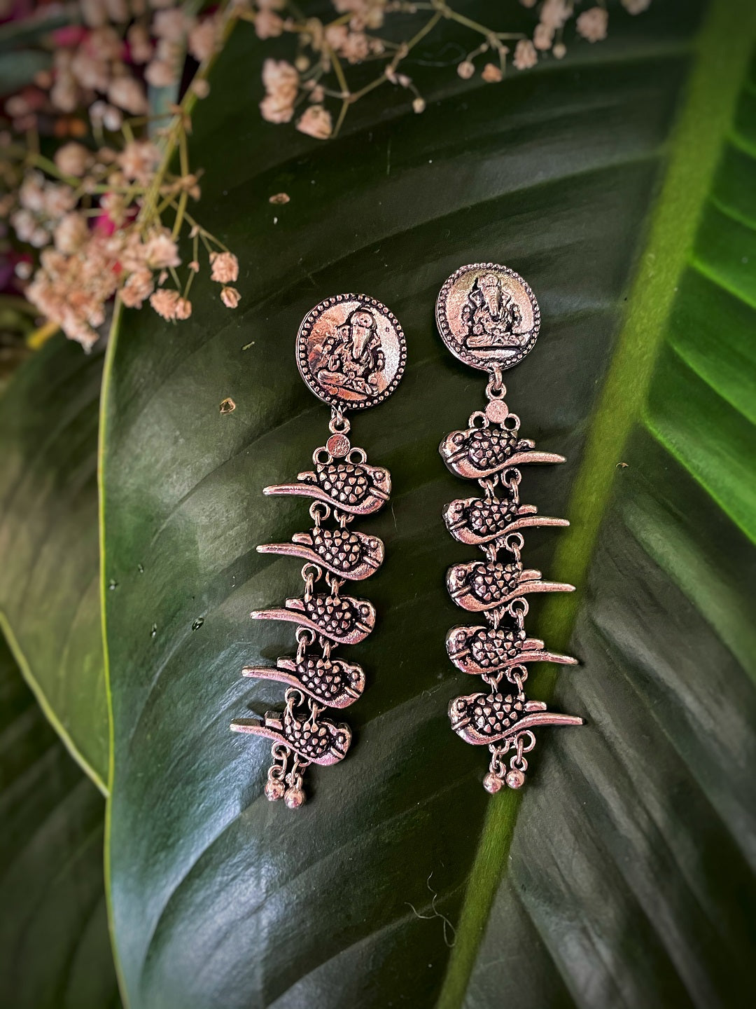 image for German Oxidized Silver Earrings Tribal Trendy Ganesha/Birds Engraved Lightweight Danglers