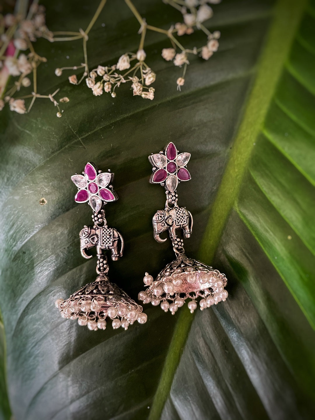 image for German Oxidized Silver Earrings Flower/Elephant Engraved Design Stones Studded Dangler Pearl Jhumka