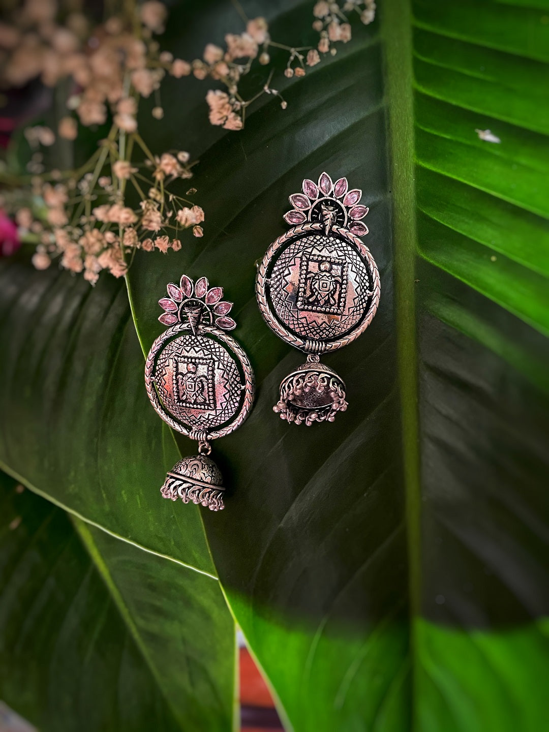 image for German Oxidized Silver Earrings Tortoise Engraved Design Pink Stones Studded Dangler Jhumka