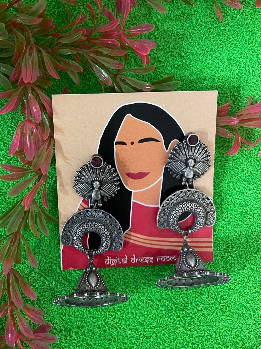 image for German Oxidized Silver Earrings for Women Peacock Bird Designs Tibetan Tribal Jhumkas