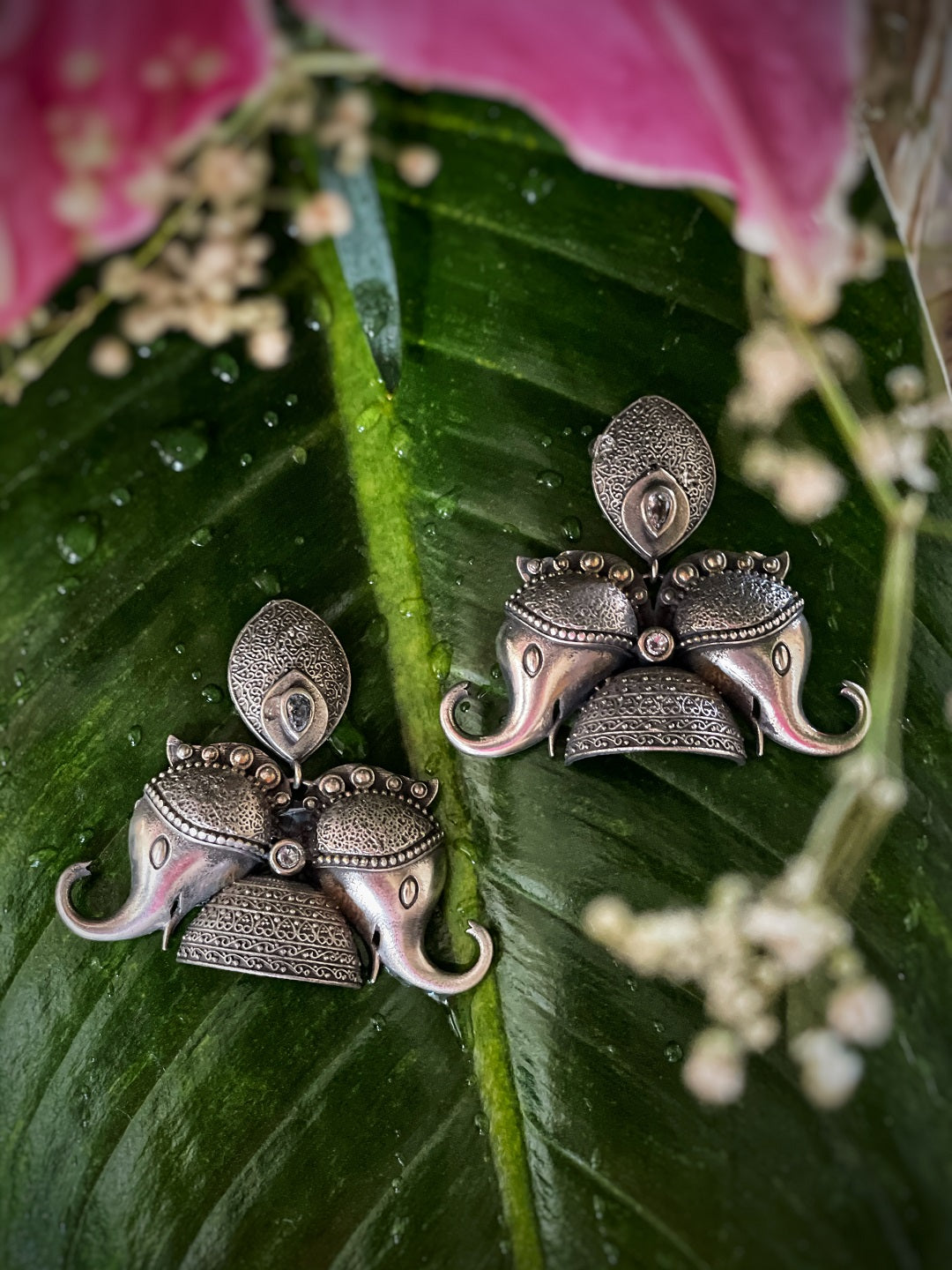 image for German Oxidized Silver Earrings Antique Elephant Face Engraved Stones Studded Danglers