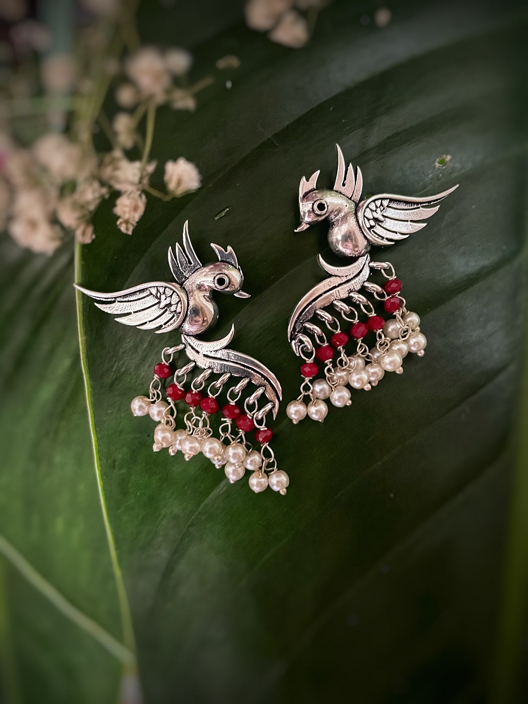 image for German Oxidized Silver Earrings Antique Tribal Trendy Bird Design Engraved Pearls/Beads Danglers