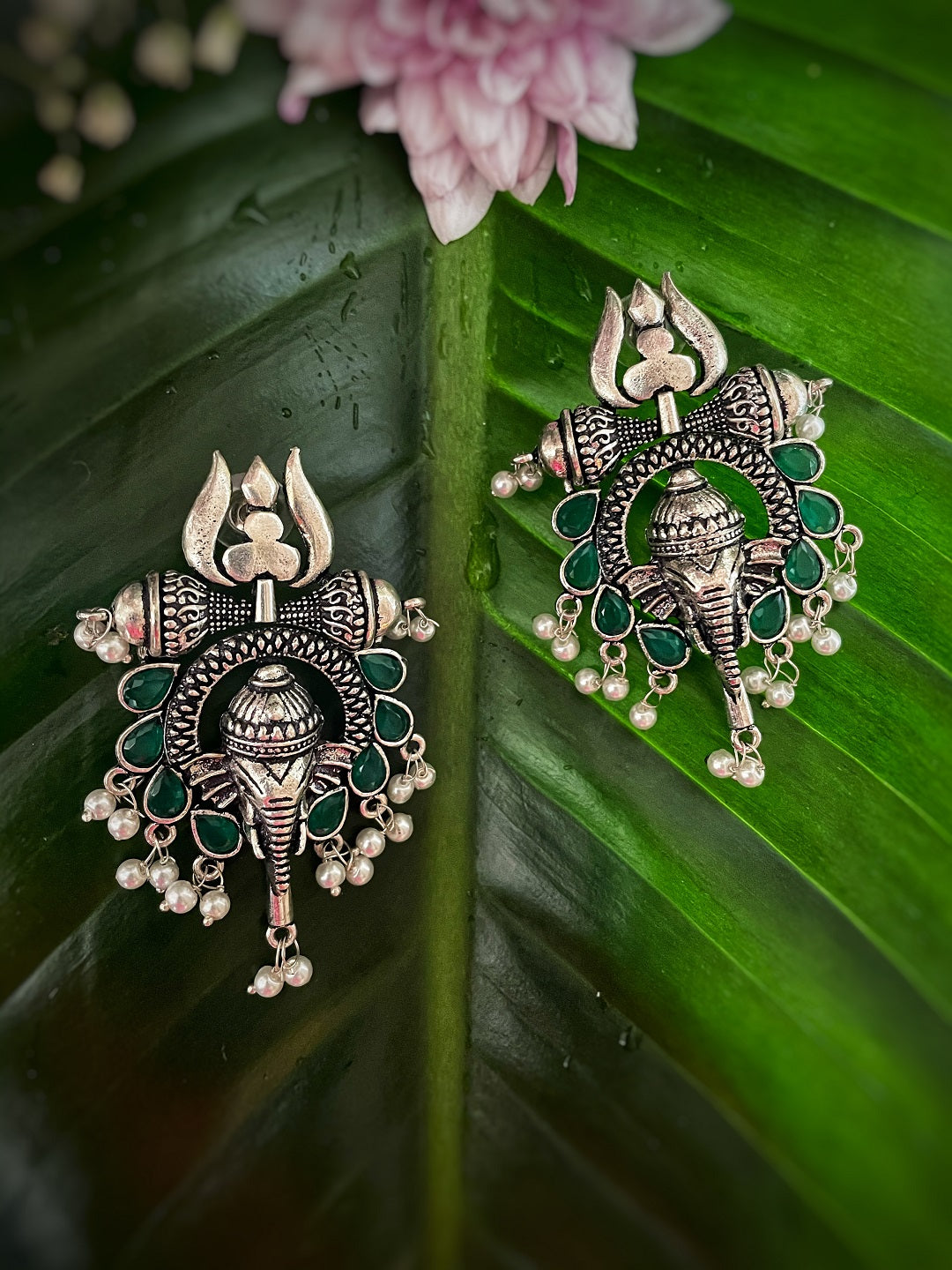 image for German Oxidized Silver Earrings Antique Ganesha/Elephant/Trishul Engraved Stones Studded Pearl Danglers