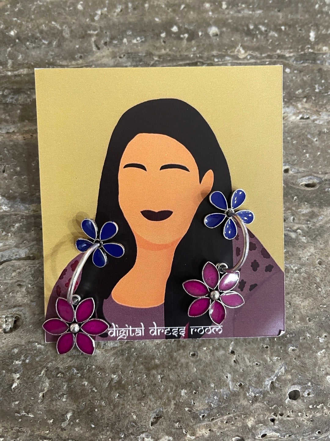 image for German Oxidized Silver Earrings for Women 2 Flower Designs Tibetan Tribal Hoop Earrings