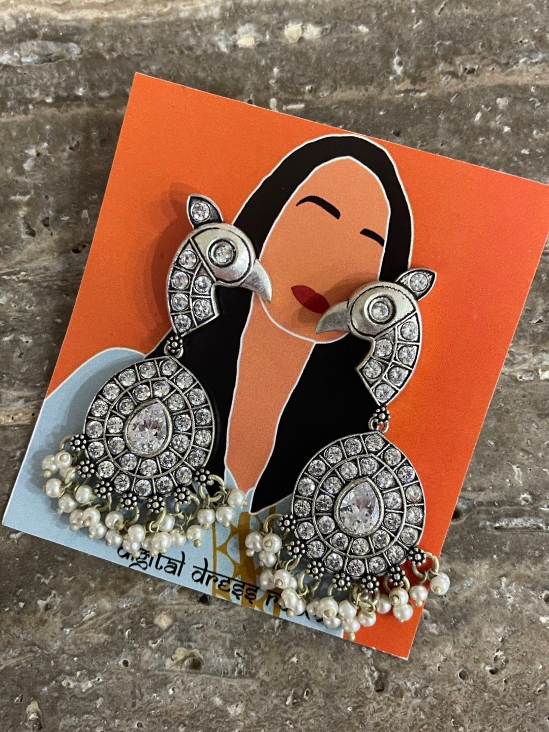 image for German Oxidized Silver Diamond Earrings for Women Bird Peacock Designs with Pearls Drop Earrings