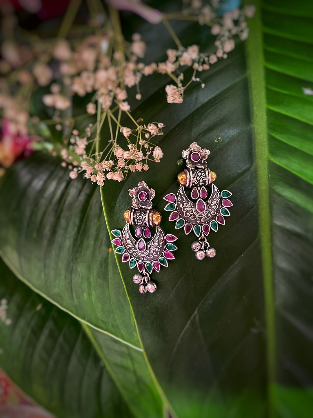 image for German Silver Oxidized Earrings Flower/Chandbali Design Multicolor Stones Studded Gungroo Danglers