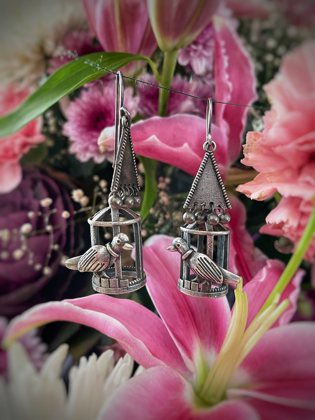 image for German Oxidized Silver Earrings Antique Tribal Caged Parrot Engraved Lightweight Danglers