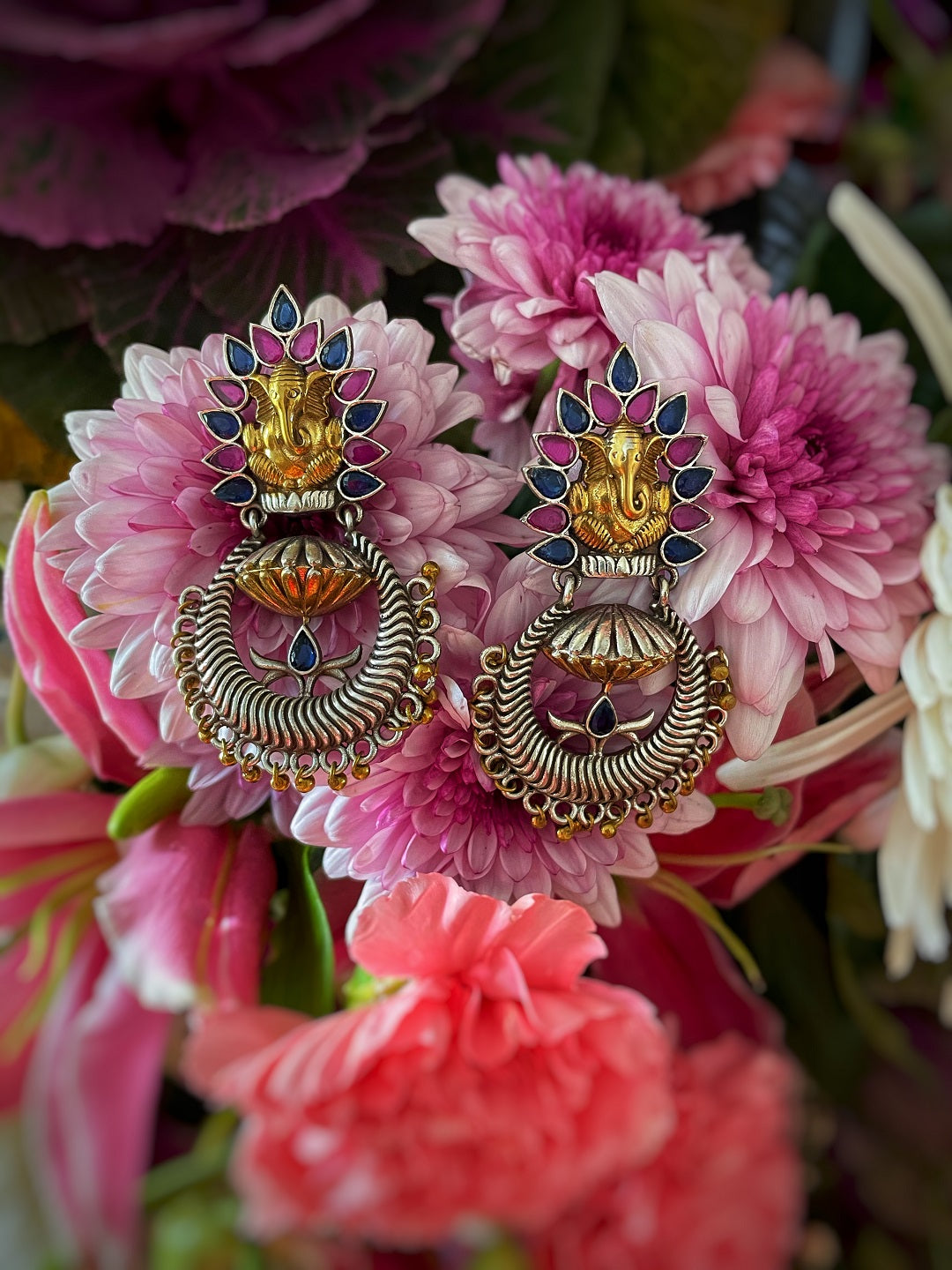 image for German Oxidized Silver Earrings Antique Ganesha Engraved Multicolor Stones Studded Gungroo Danglers