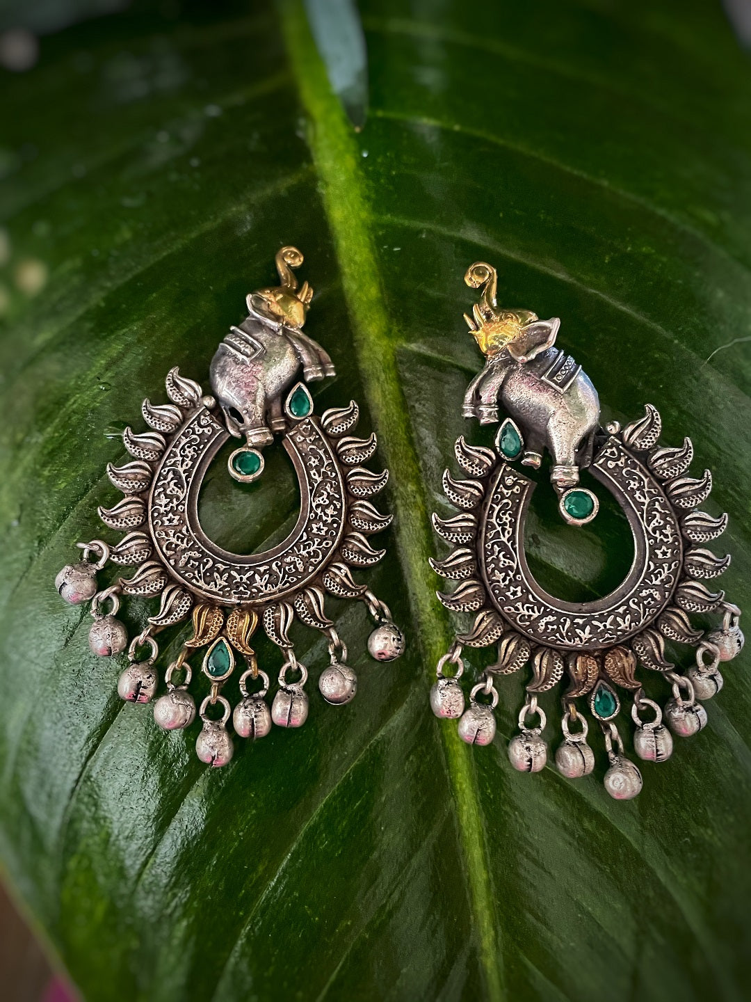 image for German Oxidized Silver Earrings Antique Tribal Trendy Elephant Engraved Gungroo Danglers