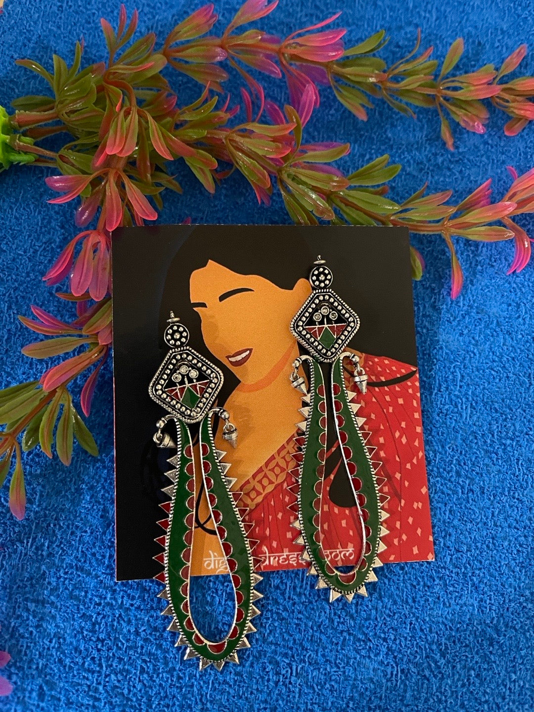 image for German Oxidized Silver Green Tribal Earrings for Women Enamel Designs Tibetan Drop Earrings