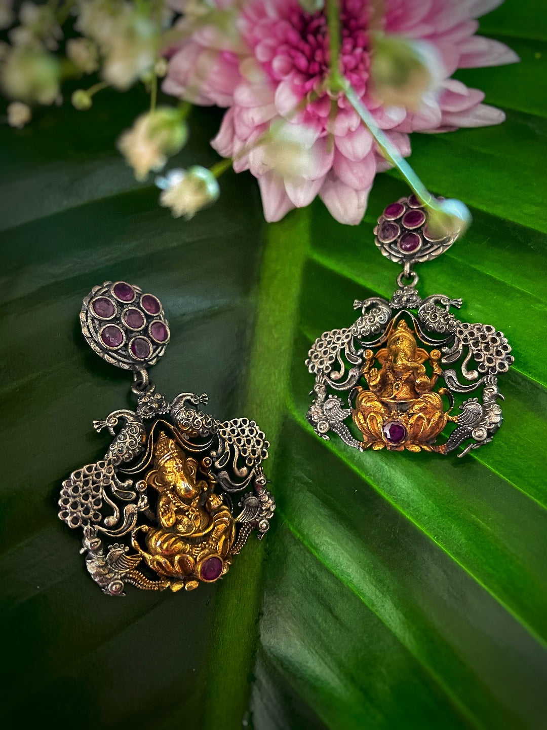 image for German Oxidized Silver Earrings Antique Tribal Ganesha/Peacock Engraved Lightweight Danglers