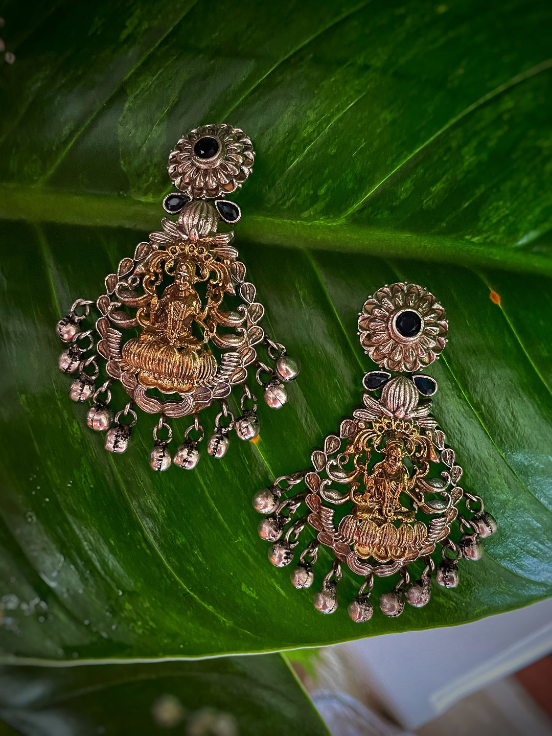 image for German Oxidized Silver Earrings Antique Goddess Laxmi Engraved Stones Studded Gungroo Danglers