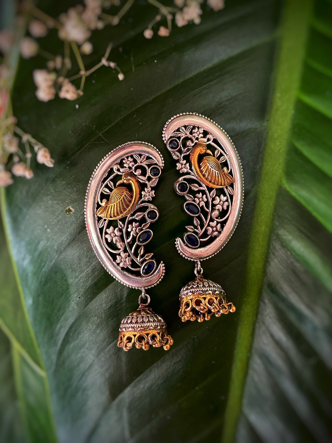 image for German Oxidized Silver Earrings Antique Tribal Peacock Floral Design Engraved Dangler Jhumka