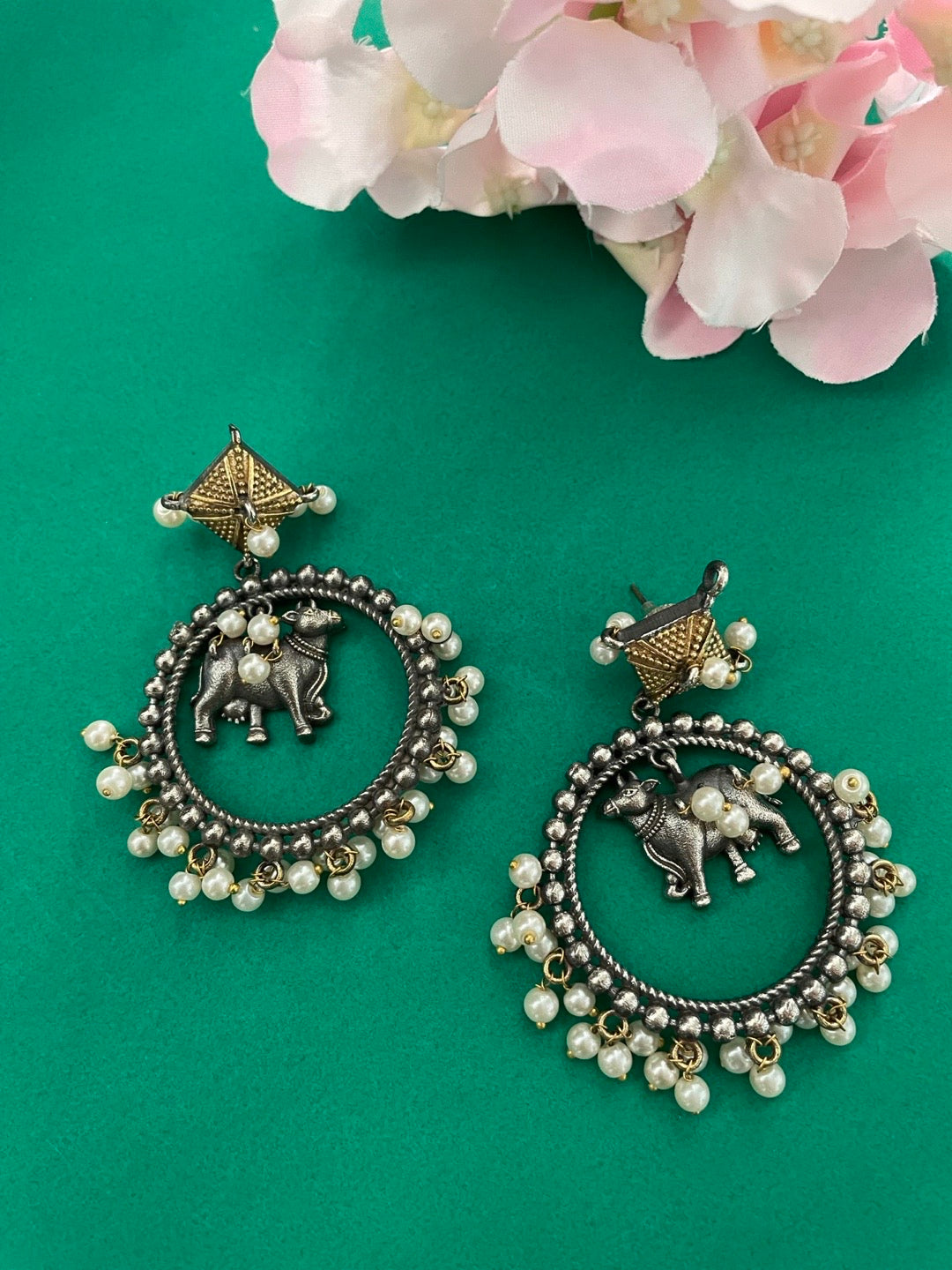 image for German Oxidized Silver Chand Bali Earrings With Dangler Cow Animal Design