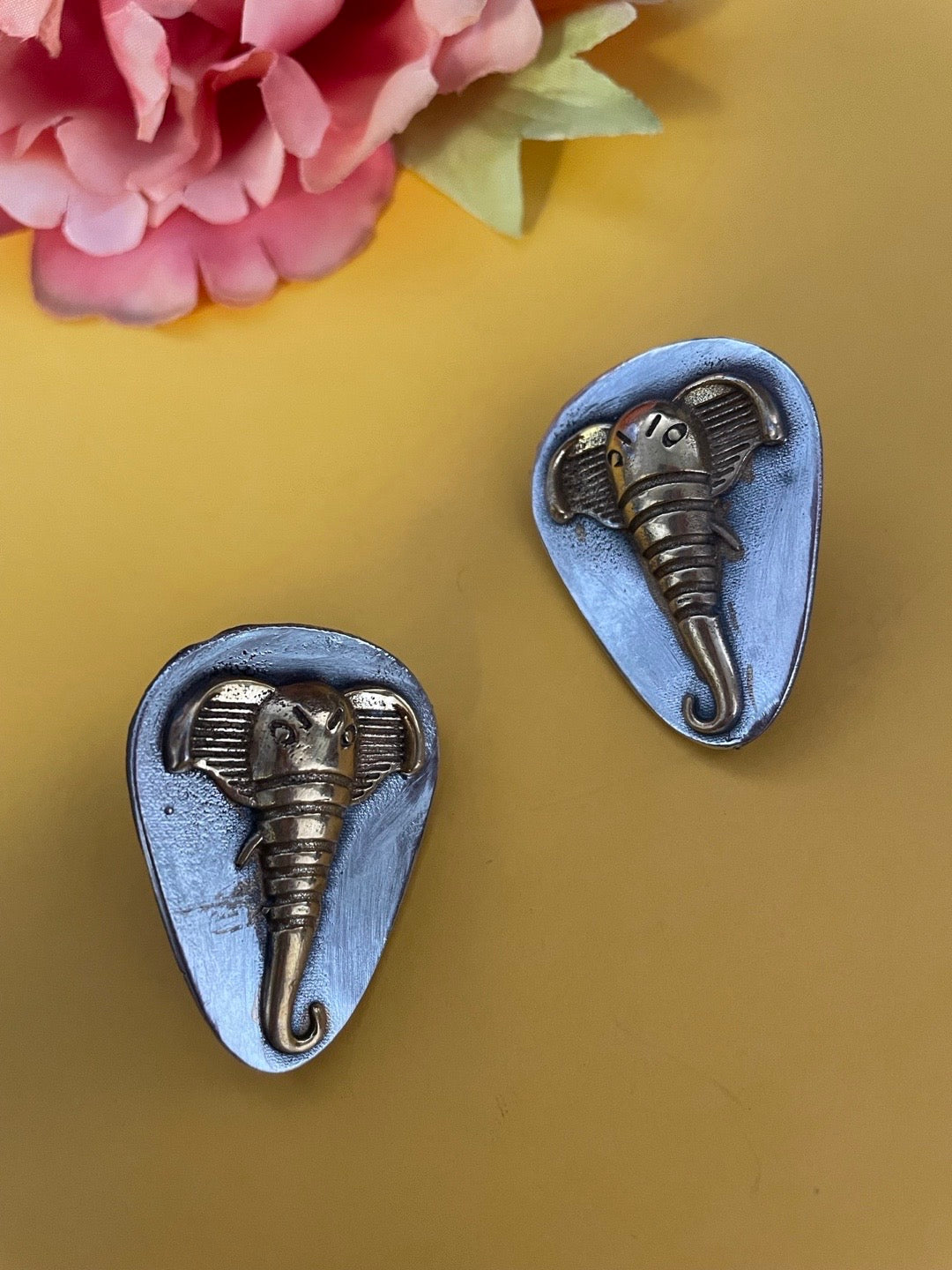 image for German Oxidized Silver Stud Elephant Embossed Earrings