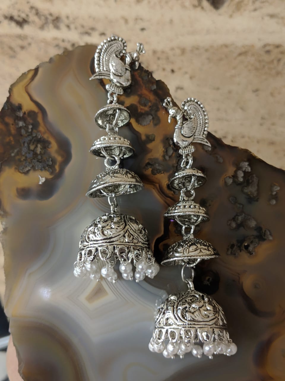 image for Afghani Oxidized Jaipuri Tribal Peacock Antique Jhumki Earrings