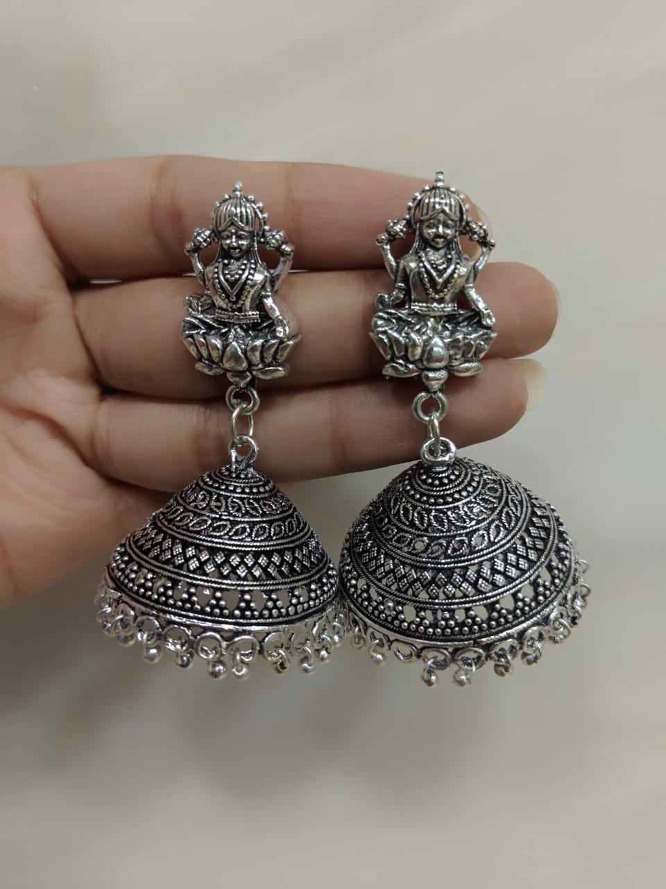 image for Earrings Design Oxidised Silver Lakshmi (Laxmi) Antique Earrings